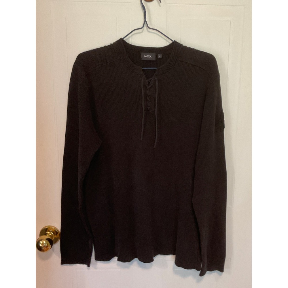 Mexx Ribbed Sweater Mens Large Charcoal Excellent Lace Up Henley Cotton Knit